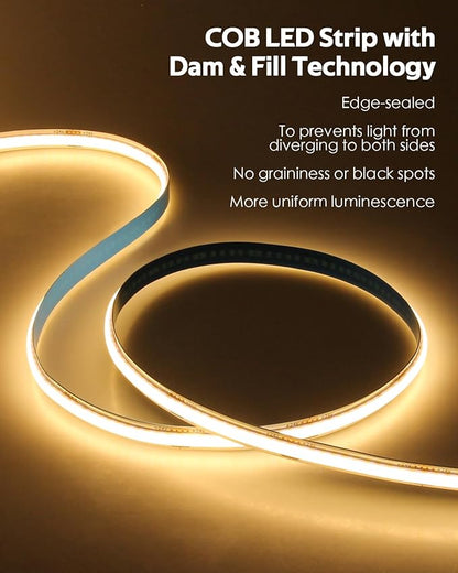 131.2FT 24V COB Led Strip Lights 3000K Dimmable LED Light Strips with Remote Warm White 480LED/M Hight Density Flexible COB LED Tape Light for Bedroom Cabinet Stairs Corridor(40M/2roll)