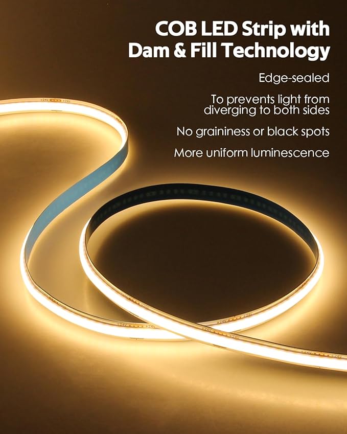 65.6FT/Roll COB Led Strip Lights 3000K 24V Dimmable LED Light Strip with Remote/App CRI 90+ Warm White 480LED/M Hight Density Super Bright Flexible LED Tape Light for Bedroom Cabinet Home DIY Lighting
