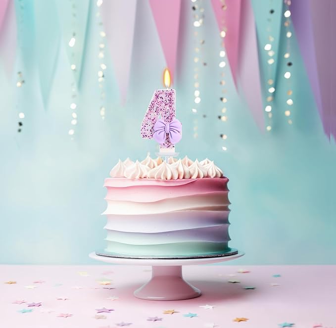 Birthday Candle for Cake, 4 Candle - Purple Glitter with Bowknot, 2.76 inch Cake Topper Decoration for 4 Years Old Birthday Party (Number 4)