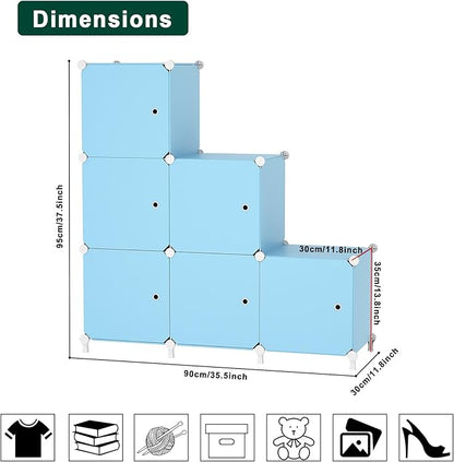 Cube Storage Organizer, 6-Cube Shelves Unit with Doors, DIY Stackable Plastic Clothes Organizer for Bedroom and Under Stairs Storage Unit, Each Compartment 30 x 30 x 30 cm Blue ATTSL6005