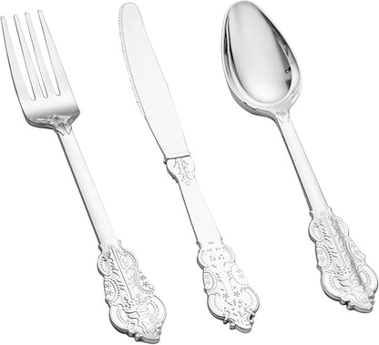 BUCLA 600PCS Silver Plastic Silverware - Heavy Duty Disposable Plastic Cutlery - Include 200 Forks, 200 Spoons, 200 Knives in Silver for Parties, Weddings & Christmas