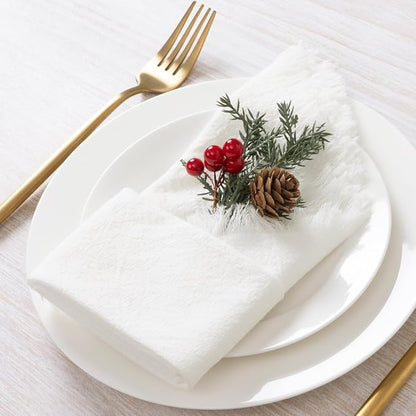 12 Pack Ivory White Cotton Linen Napkins with Fringe Christmas White Cloth Napkins Set of 12 Boho Handmade Holiday Napkins Bulk for Wedding Baby Shower Parties, 17 x 17 Inches