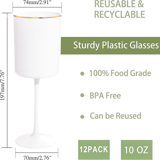 Ciaell 12 Pack White Plastic Wine Glasses with Stem - 10 Oz White and Gold Disposable Wine Glasses for Parties & Thanksgiving & Weddings & Poolside & Toasting & Outdoors & Graduation