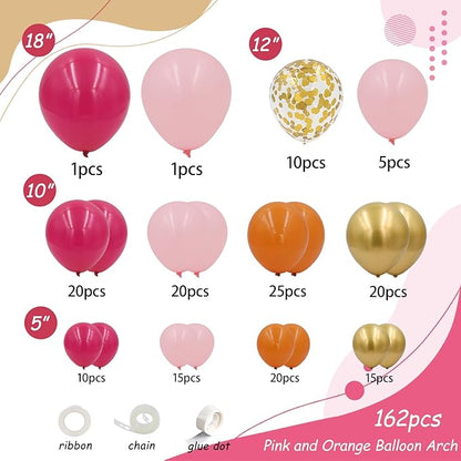 Pink and Orange Balloons Arch Kit, 162pcs Hot Pink Orange Metallic Gold and Confetti Balloons for Bridal Baby Shower Wedding Bachelorette Birthday Fall Party Decorations