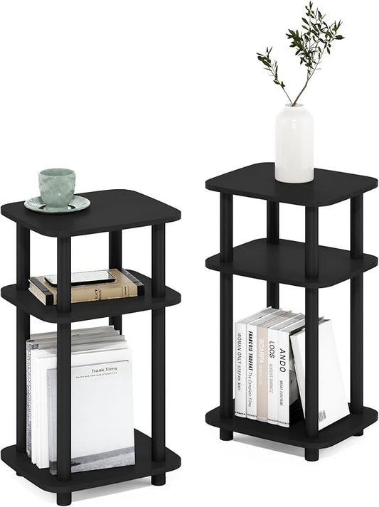 Furinno JUST Side Table Set of 2, 3-Tier Turn-N-Tube End Table with Open Shelf, Round Curve Corner Night Stand, Bedside Table, Easy Assembly, for Living Room, Bedroom, Americano