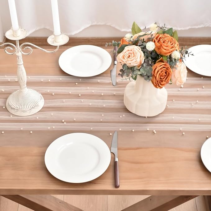Light Peach Pearl Fall Thanksgiving Table Runner Boho Rustic Tulle Lace Table Runner for Baby Shower Wedding Arch Decor Veil Dessert Table Decor 6pcs