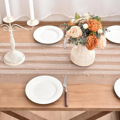 Light Peach Pearl Fall Thanksgiving Table Runner Boho Rustic Tulle Lace Table Runner for Baby Shower Wedding Arch Decor Veil Dessert Table Decor 6pcs