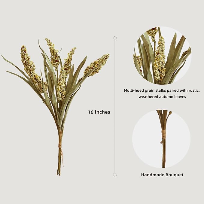 KBREE 16" Artificial Fall Grain Bundles for Thanksgiving Decoration, 4 Packs Rustic Harvest Sheaves with Aged Leaves, Faux Grain Bouquets for Thanksgiving Table Centerpiece, Farmhouse Decor (Beige)
