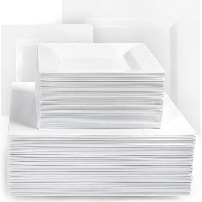 Aya's Cutlery Kingdom 100 Square Plastic Plates - Heavy Duty Disposable Plates - Includes 50 Dinner Plates (10-Inch) and 50 Salad Appetizer Plates (7-Inch) - Elegant White Party Plate for Holidays