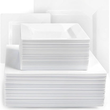 Aya's Cutlery Kingdom 100 Square Plastic Plates - Heavy Duty Disposable Plates - Includes 50 Dinner Plates (10-Inch) and 50 Salad Appetizer Plates (7-Inch) - Elegant White Party Plate for Holidays