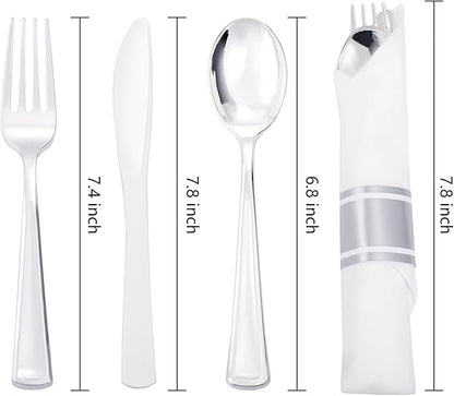 Liacere 100 Pack Silver Plastic Silverware-Pre Wrapped cutlery and Napkin-Pre Rolled Silverware Disposable 100 Forks, 100 Knives 100 Spoons, 100 Napkins Plastic Utensils＆Christmas＆New Year