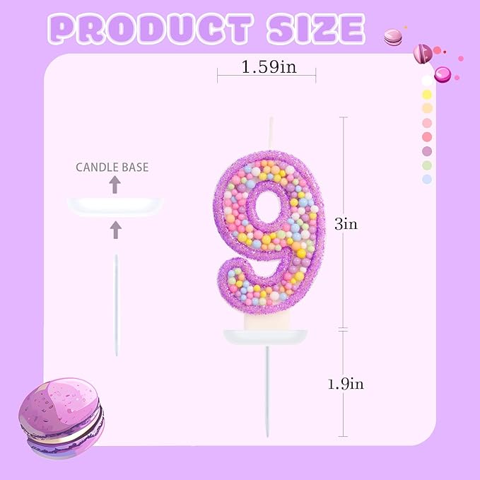 Birthday Candles - Number 9 Candle, Colorful Macaron Candles for Boys/Girls, Purple Party Decorations, Purple Cake Decorations