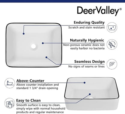 DeerValley 19" x 15" Bathroom Sink, Bathroom Vessel Sink Rectangular Above Counter Vessel Sinks, White Body Black Trim Vessel Sink, Porcelain Ceramic Vessel Vanity Sink Art Basin, DV-1V0002