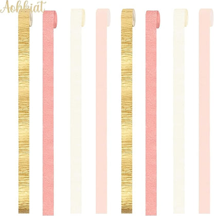 AOBKIAT Wedding Party Decorations, 8 Rolls Pink Gold Crepe Paper Streamers for Wedding, Bachelorette, Birthday, Baby Bridal Shower, Valentines Day Party Backdrop Decorations, 82ft Long
