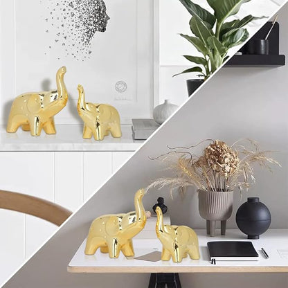 prosfalt A Pair Elephant Statue Home Decor,Modern Style Figurines,Sculpture for Office Desktop Bookshelf Living Room (Ceramics Gold)