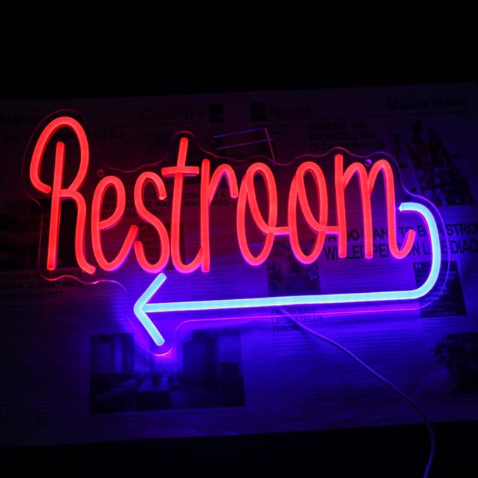 Restroom Neon Sign Toilet Neon Signs for Wall Decor Washroom with Arrow Neon Light Red Blue Bathroom Neon Wall Light Up Signs for WC Bar Restaurant Hotel Shop Decor USB Powered