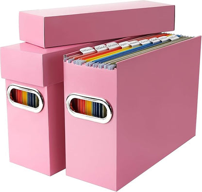 File Organizer Box with Lid & Handle, Thickened Cardboard Hanging File Folder Storage Boxes for Letter Size, Portable Filing Organizer for Office, Home, Classroom, Pink 2 Pack