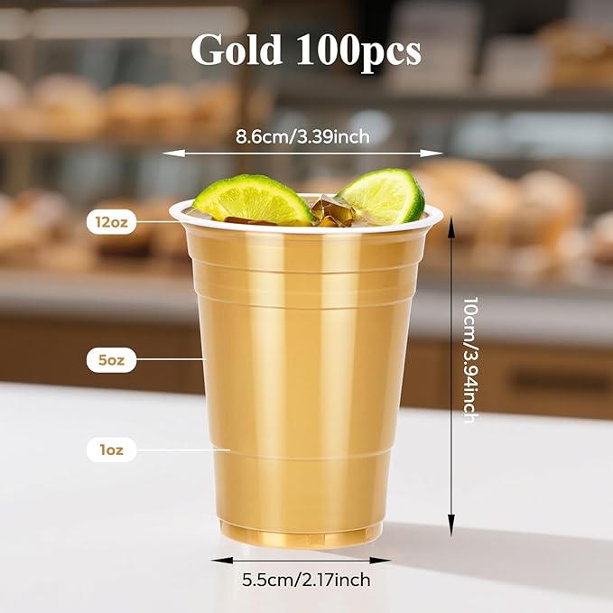 100PCS Gold Plastic Cups, 12oz Disposable Party Cups Bulk Pack, BPA Free Drinking Cups for Soda Juice Beer Cold Drinks Suitable for Wedding Halloween Thanksgiving Christmas Birthday Celebrations