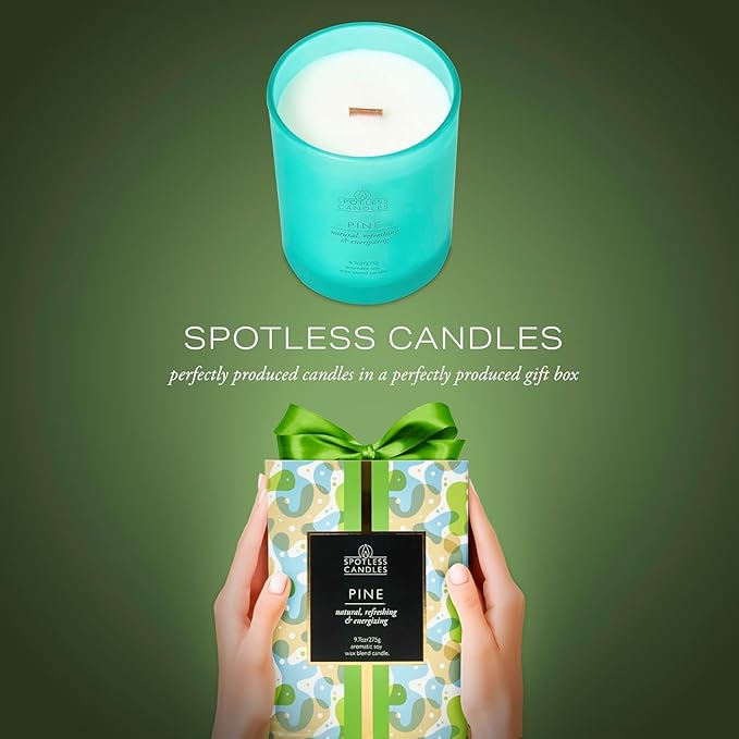 Pine Candle - 9.7 oz /275g 45-55 Hours Burn Time in Green Frosted Glass Jar with Wooden Lid and Wooden Crackling Wick in Luxurious Gift Box - Natural, Refreshing and Energising