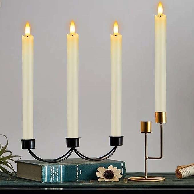 HINZER 6 Pcs Flameless Taper Candles with Remote & Timer 9.6 inch Real Wax Battery Operated LED Warm 3D Wick Flickering Window Candles for Halloween Christmas Wedding Decor, Ivory
