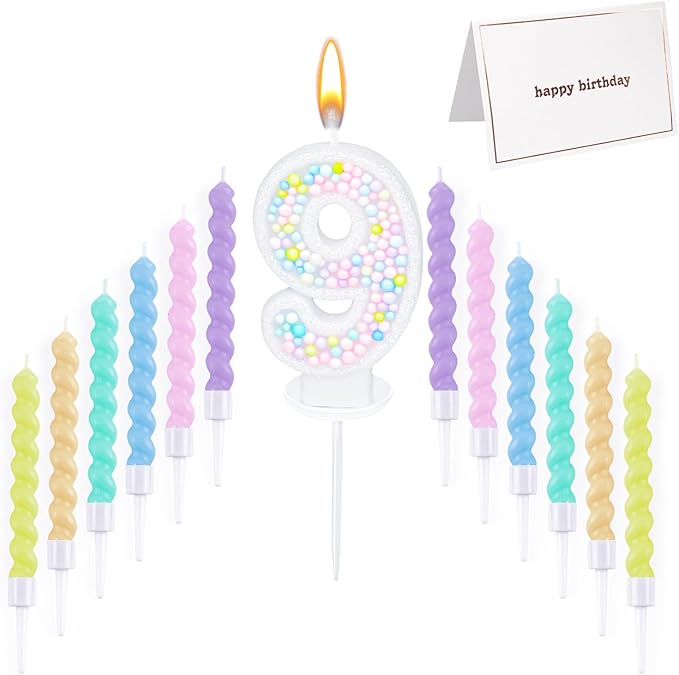 Number Birthday Candle with 12PCS Spiral Candles and A Birthday Card - Perfect for Celebrating Birthdays (Macaron Glitter, Number 9)