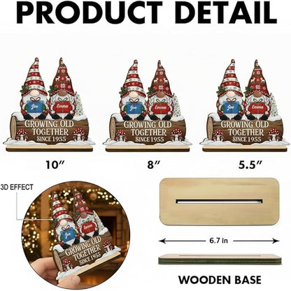 NAZENTI Personalized Growing Old Together Gnome Wooden Plaque for Couples, Custom with Names and Year, Christmas Decorations, Anniversary