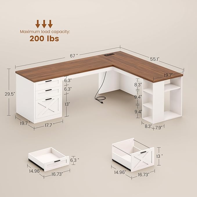 SEDETA Farmhouse 67" L Shaped Desk with 3 Drawers, White Corner Computer Desk with Storage Shelves, Home Office Desks with Power Outlets，Executive Desk for Home Office, White and Brown