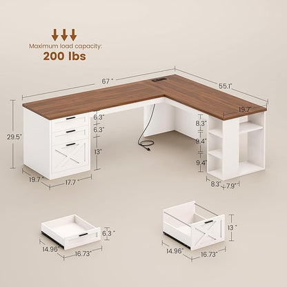 SEDETA Farmhouse 67" L Shaped Desk with 3 Drawers, White Corner Computer Desk with Storage Shelves, Home Office Desks with Power Outlets，Executive Desk for Home Office, White and Brown