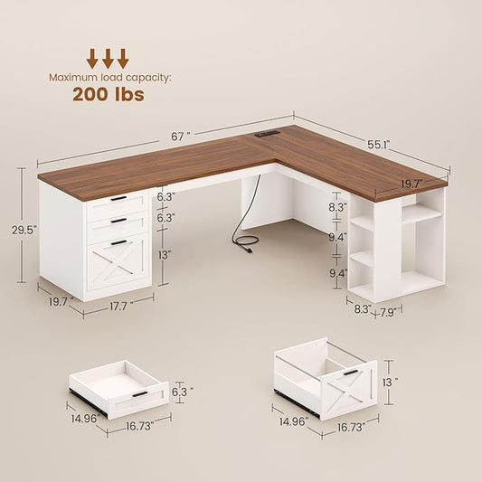 SEDETA Farmhouse 67" L Shaped Desk with 3 Drawers, White Corner Computer Desk with Storage Shelves, Home Office Desks with Power Outlets，Executive Desk for Home Office, White and Brown