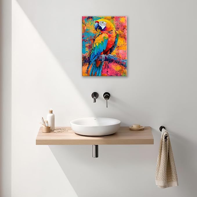 Parrot Wall Art, Graffiti Parrot Pictures Wall Decor, Colorful Birds Canvas Prints, Banksy Animal Painting, Framed Artwork for Bathroom Living Room Bedroom Office Dining Room 16"X12"