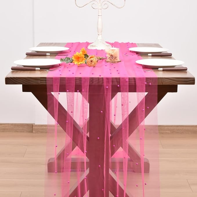 Fuschia Pearl Fall Thanksgiving Table Runner Boho Rustic Tulle Lace Table Runner for Baby Shower Wedding Arch Decor Veil Dessert Table Decor 3pcs