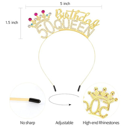 VELSCRUN 50th Birthday Queen Headband, Tiara Crown for Women, 50th Birthday Decorations for Her, Birth Queen Tiaras Crowns Sash for Women Mom Birth Party Decoration Hair Accessories Gold