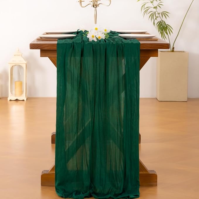 Socomi 10pcs Emerald Green Cheesecloth Table Runner Fall Thanksgiving Boho Rustic Gauze 120 inch 10FT Cheese Cloth Runner for Wedding Party Baby Shower Birthday Home Decor Holiday Decorations