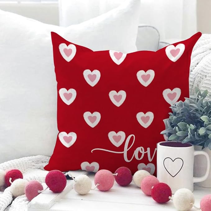 GEEORY Valentine's Day Pillow Covers 18 x 18 Inch Set of 4, Valentines Decor Polka Dots Red Hearts Love Bowknot Decorative Pillowcases for Home Sofa Couch Cushion Decoration G442-18