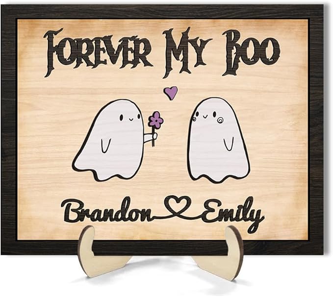 Personalized Forever My Boo Wooden Sign, Cute Ghost Couples Gifts Decorations, Gifts for Boyfriend Girlfriend Him Her Halloween Decor, Anniversary Custom Names For Couples Sign, Gothic Wedding Gift