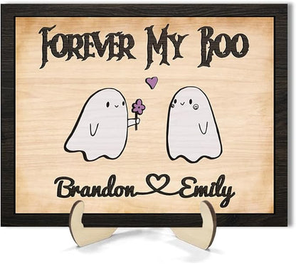 Personalized Forever My Boo Wooden Sign, Cute Ghost Couples Gifts Decorations, Gifts for Boyfriend Girlfriend Him Her Halloween Decor, Anniversary Custom Names For Couples Sign, Gothic Wedding Gift