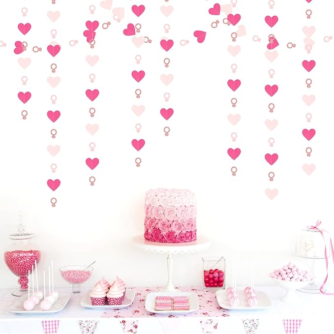 Hot-Pink Rose Gold Heart-Ring Garland - 52Ft Engagement Bachelorette Party Decorations Wedding Paper Streamers Banner, Galentines Proposal Decor Lasting Surprise