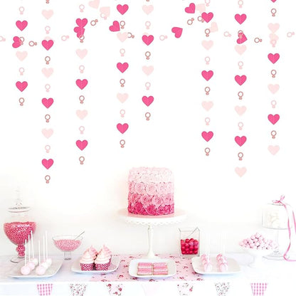 Hot-Pink Rose Gold Heart-Ring Garland - 52Ft Engagement Bachelorette Party Decorations Wedding Paper Streamers Banner, Galentines Proposal Decor Lasting Surprise