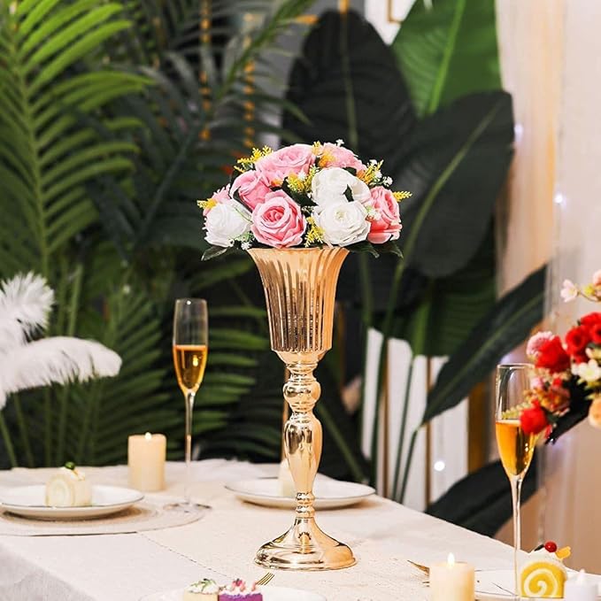 10Pcs Gold Vase Centerpiece Table Decorations - Metal Tabletop Flower Stand, Wedding Decorations for Reception, 15.6in Trumpet Tall Flower Vase for Birthday, Weddings, Anniversary Ceremony, Home Decor