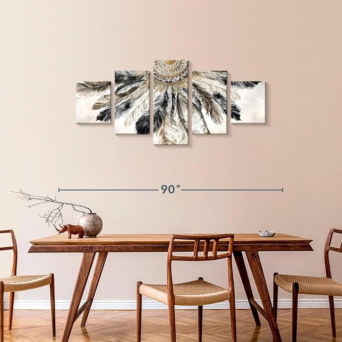 ElephantStock - Necklace Of Feathers Iii Wall Art - Horizontal Multi Panel Canvas - 5 Piece Living Room Wall Decor - Painting Multi Piece Wall Art - Brown And Gray Decor by Eva Watts - 74" x 34"