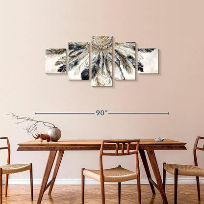 ElephantStock - Necklace Of Feathers Iii Wall Art - Horizontal Multi Panel Canvas - 5 Piece Living Room Wall Decor - Painting Multi Piece Wall Art - Brown And Gray Decor by Eva Watts - 74" x 34"