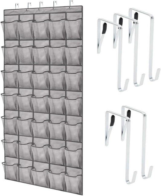 GORILLA GRIP Over the Door Shoe Organizer, 35 Large Breathable Mesh Pockets, Space Saving Hanging Storage Holder, 5 Hook Closet Rack Hanger, Hangs on Closets for Shoes, Accessories 68.5H x 24.5W Grey