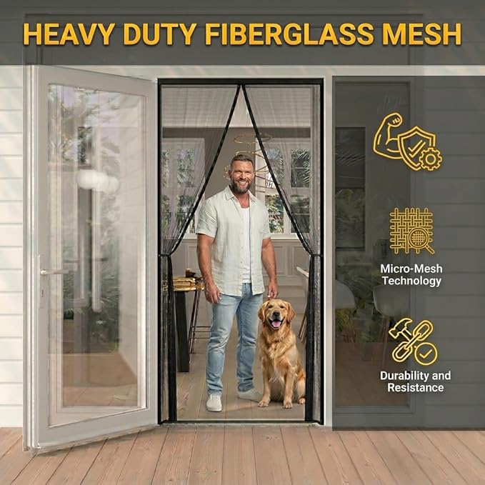 AUGO Magnetic Fiberglass Screen Door - Self Sealing, Heavy Duty, Hands Free Mesh Partition Keeps Bugs Out - Door Screen Magnetic Closure - Patent Pending Keep Open Feature - 34 Inch x 81 Inch