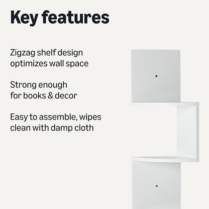 Amazon Basics 5-Tier Corner Shelf, Wall-Mounted, Set of 1, Floating Corner Bookshelf for Living Room, Bedroom, Bathroom, Home Office, 7.8"D x 48.5"W x 7.8"H (Inches), White