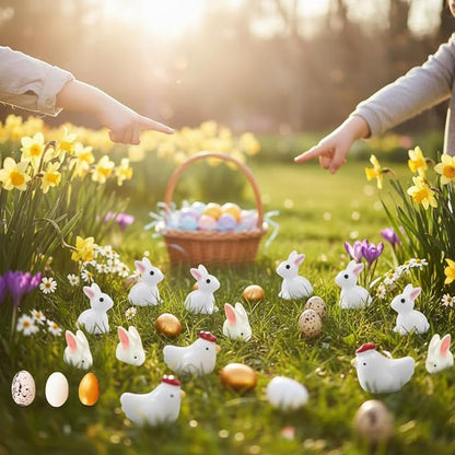 80Pcs Rabbits,Chickens and Eggs Miniature Figurines, Mini Resin Easter Bunny Rabbits Chickens and Easter Eggs for Garden Decor Miniature Ornaments for Dollhouse DIY Cake Home Decor