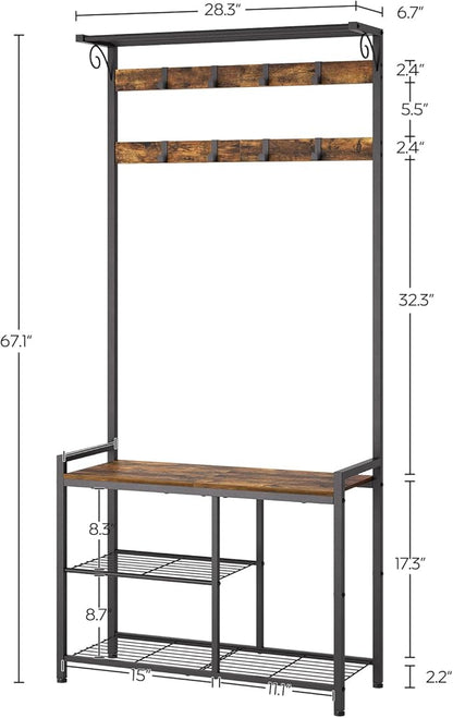 Coat Rack Shoe Bench, 4-in-1 Hall Tree with Storage Shelves and Hanging Rod, Entryway Storage Organizer with 8 Movable Hooks, for Entryway, Hallway, Corridor, Rustic Brown and Black MT12BR