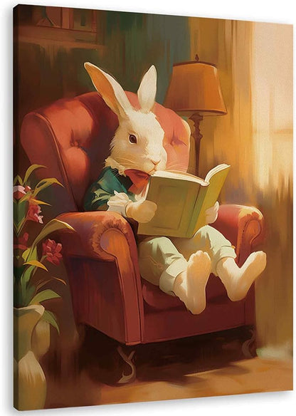 TLESKE Funny Reading Bunny Rabbit Wall Art Decor, Bunny Rabbit Canvas Wall Art Print for Reading Nook Reading Corner Bedroom Living Room, Easter Bunny Wall Artwork Picture, 11x14
