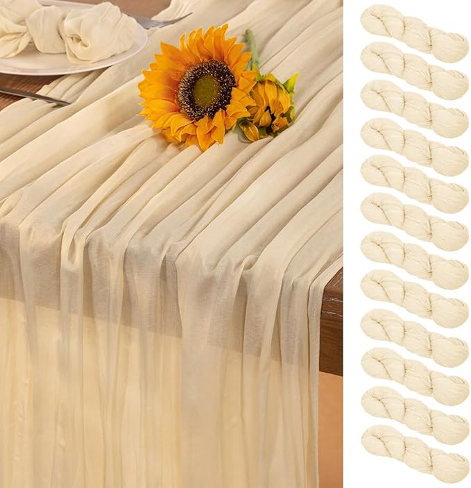 Beige Cheesecloth Table Runner 12 Pack Christmas Table Runners 120 Inches Boho Gauze Cream Cheese Cloth Table Decor for Xmas Holiday Season Parties Wedding Bridal Baby Shower
