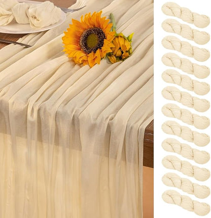 Beige Cheesecloth Table Runner 12 Pack Christmas Table Runners 120 Inches Boho Gauze Cream Cheese Cloth Table Decor for Xmas Holiday Season Parties Wedding Bridal Baby Shower