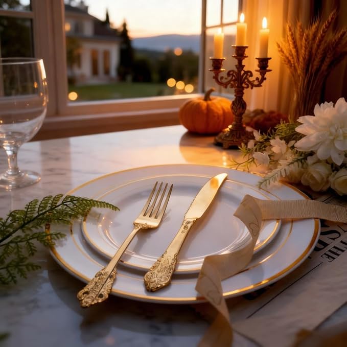 WDF 120PCS Gold Plastic Silverware - Heavy Duty Gold Plastic Cutlery Set Disposable Utensils - 40 Forks, 40 Spoons, 40 Knives, Perfect for Thanksgiving Party/Weeding and Daily Use